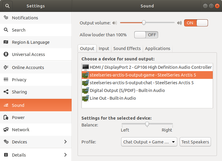Gnome sound settings with Artcis 5 game output selected